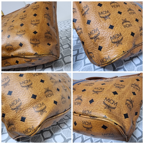 MCM Visetos Striped Shopper Tote Bag Cognac - Picture 12 of 14